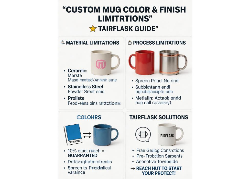 Are there any limitations on color matching or special finishes for custom mugs?