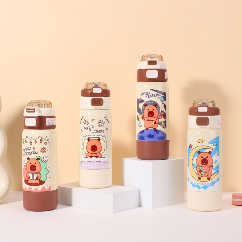 500ml Stainless Steel Vacuum Insulated Kids Water Bottle With Capybara Cute Cartoon Design Detachable Cup Lid and Carrying Rope