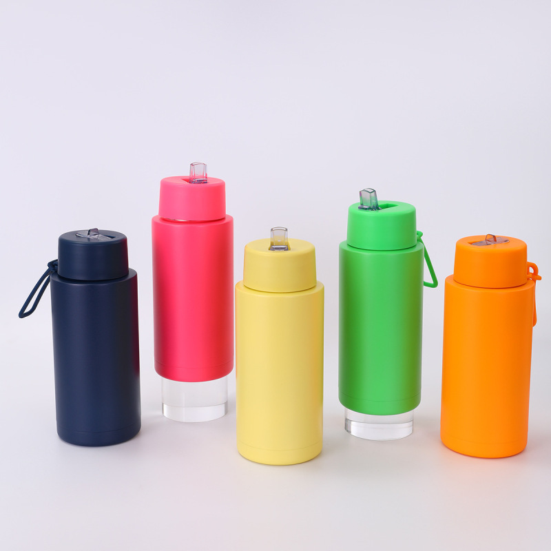 Large Capacity 1000ML Double Wall Insulated Stainless Steel Water Bottle with Silicone Handle and Straw for Business Gifts