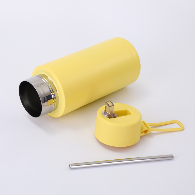Large Capacity 1000ML Double Wall Insulated Stainless Steel Water Bottle with Silicone Handle and Straw for Business Gifts