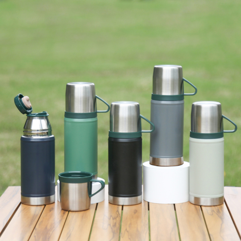 Insulated Travel Mugs Set Double Wall Stainless Steel Vacuum Flask Thermos Two Cups for Camping Business Use Gift Box Included