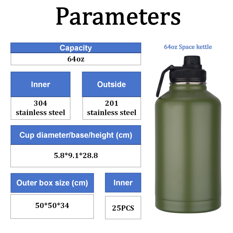 Customized 64oz Vacuum Insulated Thermo Wide Mouth Sports Water Bottle Flask Double Wall Stainless Steel for Camping