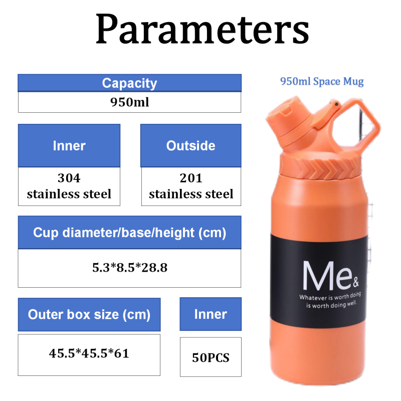 Large Capacity 950ml Stainless Steel Vacuum Cup Portable Handle Gym Camping Water Bottle Direct Drinking Applicable