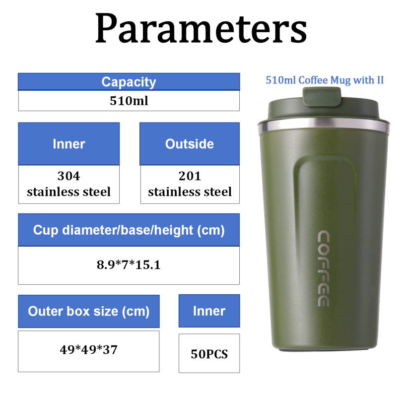 Powder Coated Double Wall Stainless Steel Thermal 510ml Travel Mug Car Cup Lid Straw for Coffee Water Beer Hot Thermal