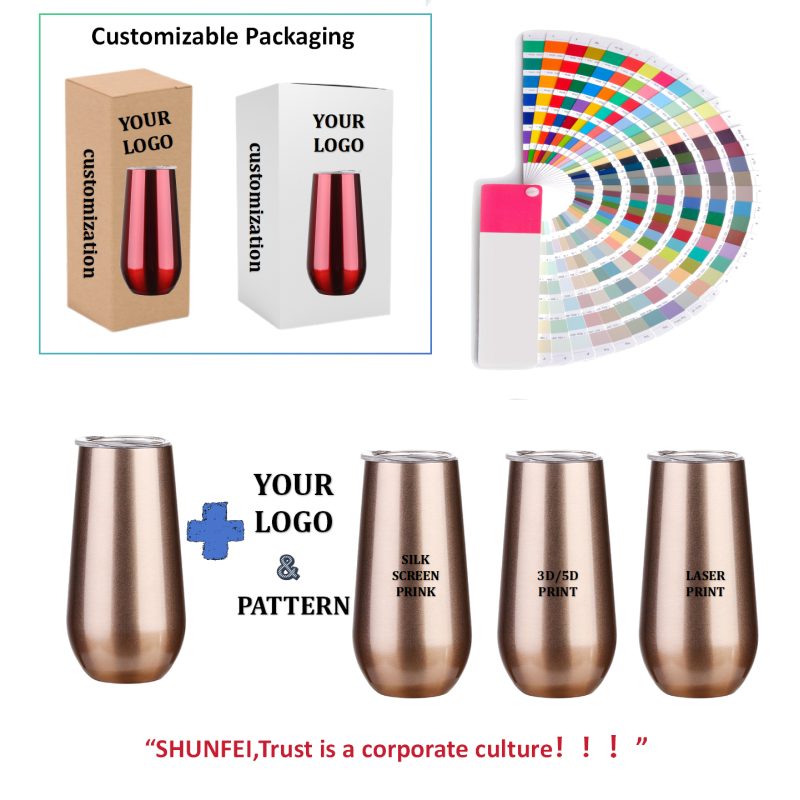 Custom Logo Double Wall 6oz/10oz/16oz/20oz Stainless Steel Insulated for Champagne Flute Tumblers Metallic Rose Gold Stemless Fo