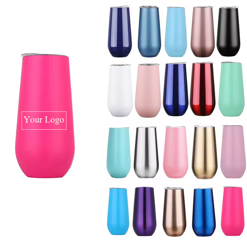 Custom Logo Double Wall 6oz/10oz/16oz/20oz Stainless Steel Insulated for Champagne Flute Tumblers Metallic Rose Gold Stemless Fo