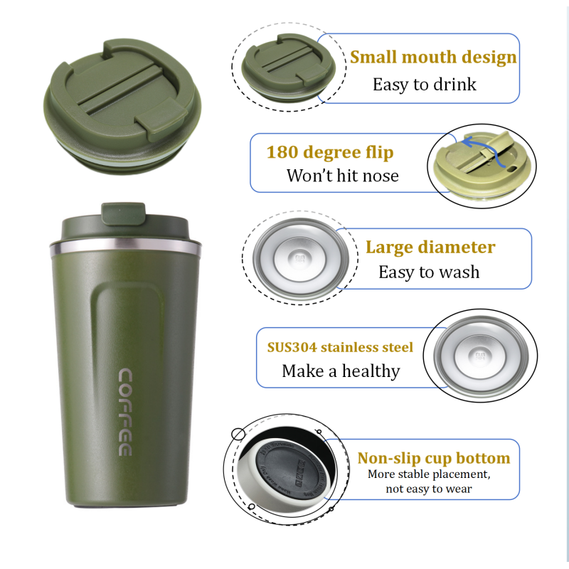380ml Powder Coated Double Wall Stainless Steel Thermal Travel Mug Car Cup Lid Straw for Coffee Water Beer Hot Thermal