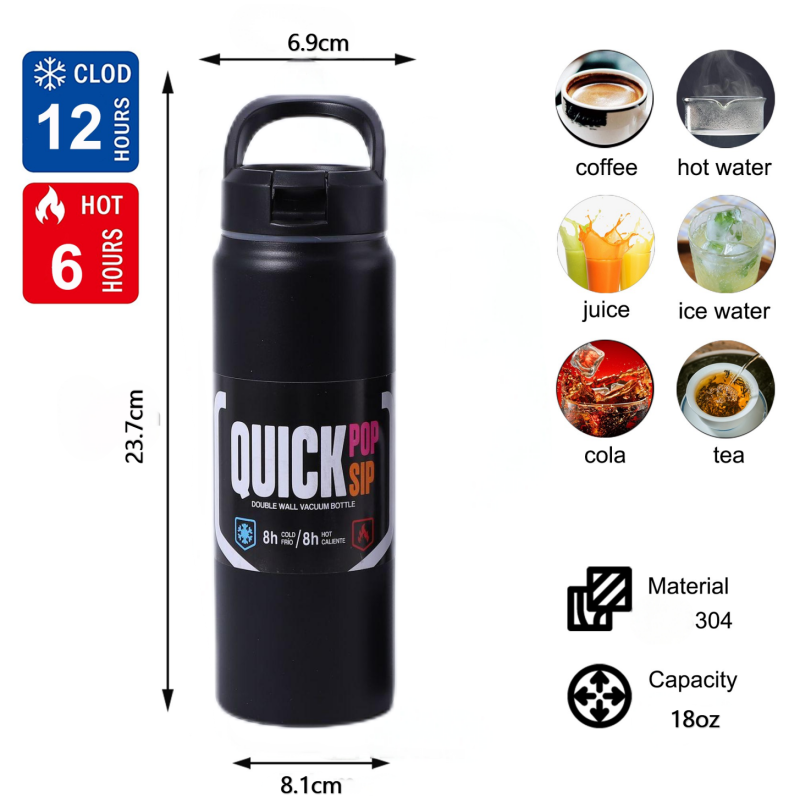 Customizable 18oz Double Wall Stainless Steel Insulated Water Bottle Flask with Handle Straw BPA-Free Modern Design for Camping