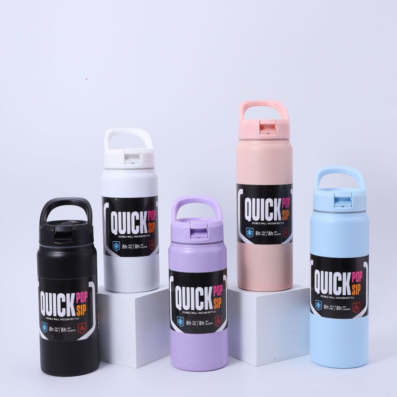 Customizable 18oz Double Wall Stainless Steel Insulated Water Bottle Flask with Handle Straw BPA-Free Modern Design for Camping