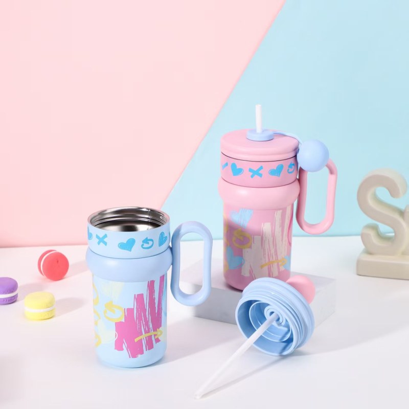 Large Capacity Cute Cartoon Insulated Stainless Steel Water Bottle Hot & Cold Office Thermos Cup Straw Perfect Gift for Friends
