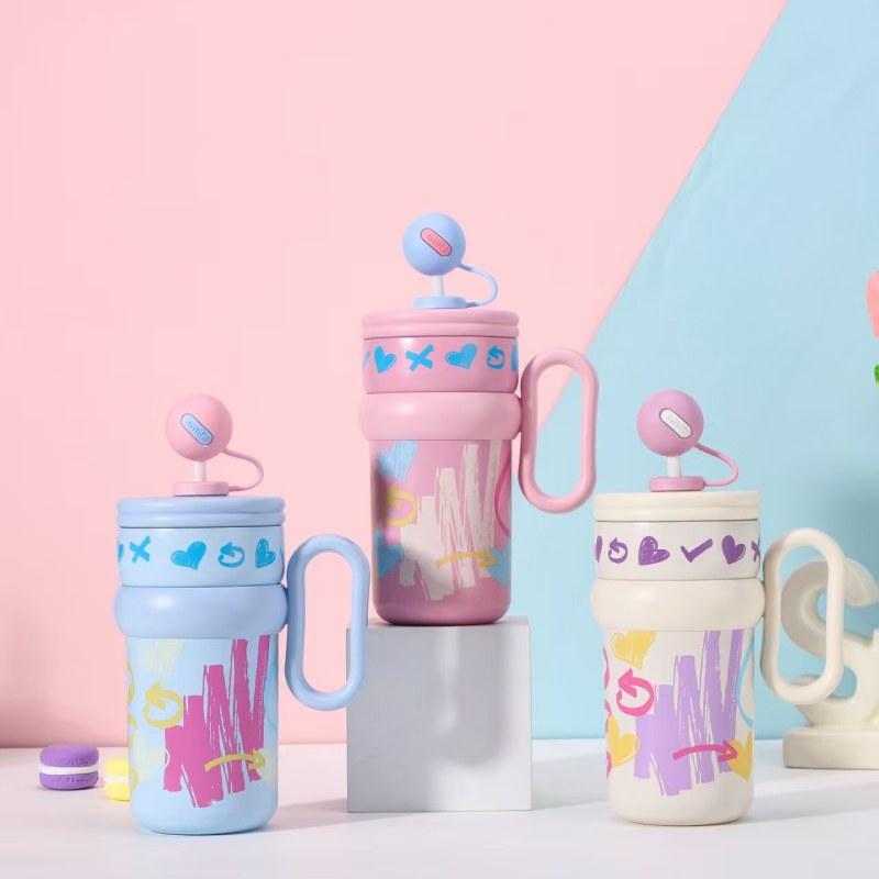 Large Capacity Cute Cartoon Insulated Stainless Steel Water Bottle Hot & Cold Office Thermos Cup Straw Perfect Gift for Friends