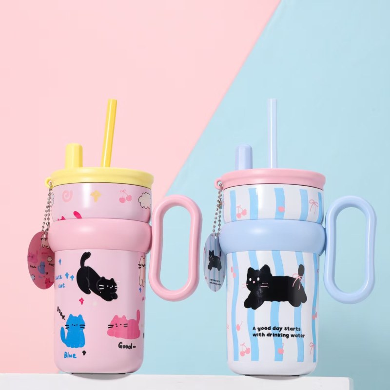 Large Capacity Cute Cartoon Insulated Stainless Steel Water Bottle Hot & Cold Office Thermos Cup Straw Perfect Gift for Friends