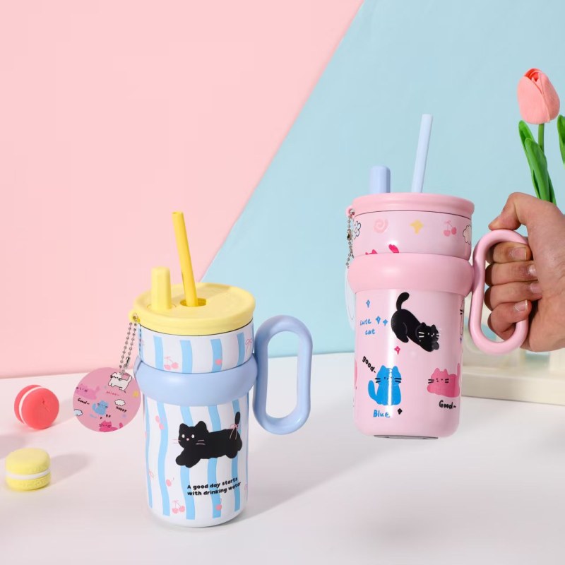 Large Capacity Cute Cartoon Insulated Stainless Steel Water Bottle Hot & Cold Office Thermos Cup Straw Perfect Gift for Friends