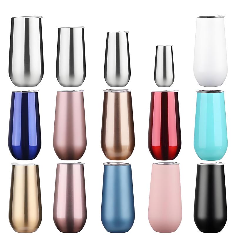 Custom Logo Double Wall Stainless Steel Insulated Flute Metallic Rose Gold Stemless Wine Tumblers with Drinking Insulation