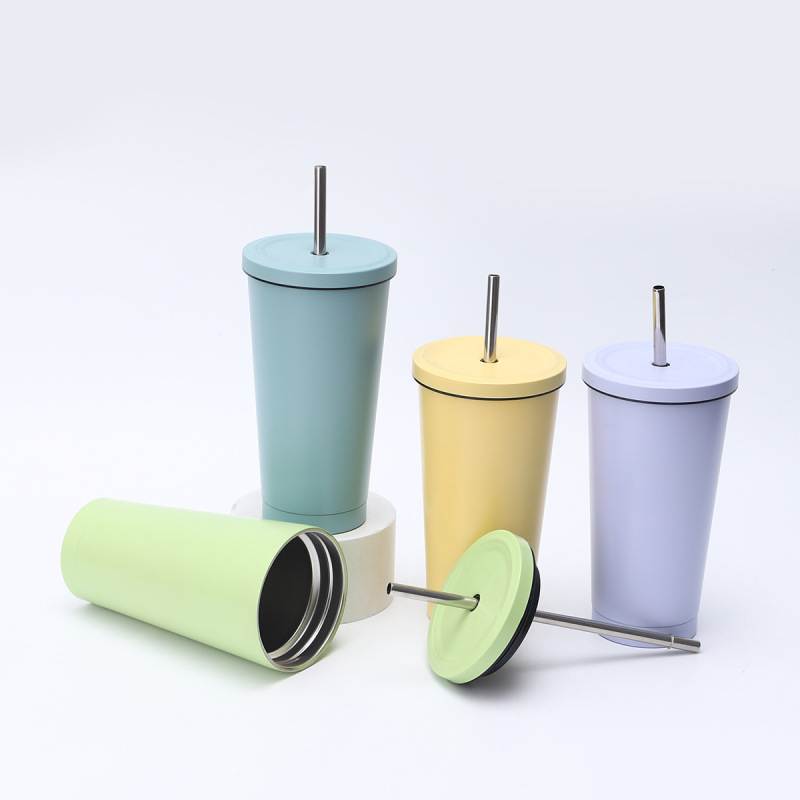 Portable Large Custom Logo Coffee Travel Taper Mug Cup Water Bottle 304 Stainless Steel Tumbler With Straw