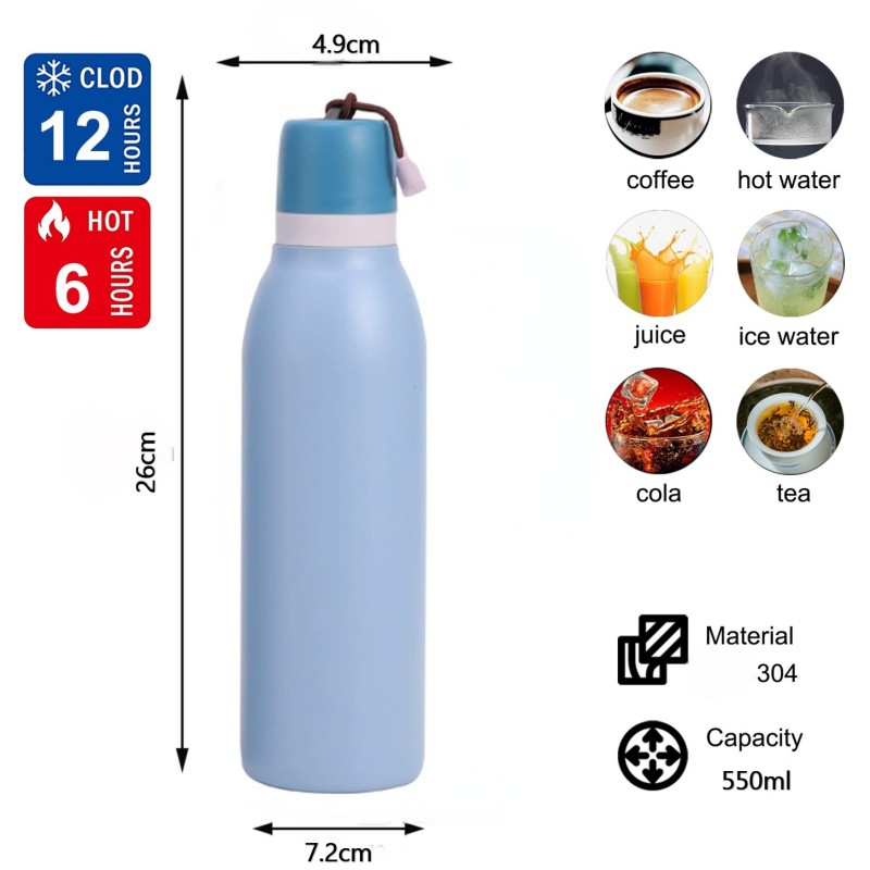 Private Label 550ml/700ml Stainless Steel Vacuum Insulated Water Bottle BPA-Free Free Straw Sip Rope Drinkware for Back School