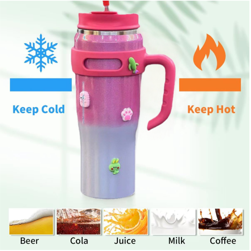 Hot Sale  Premium 40oz Tumbler with Straw Stainless Steel Coffee Cup With Rainbow Paint  Insulated Tumbler with Handle
