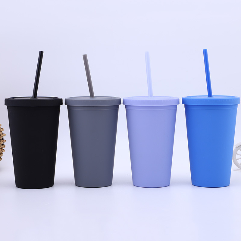 Custom Logo 16oz Candy-Colored Double-Layer Plastic Straw Cup Simple Frosted Design for Drinks New for Mugs Product