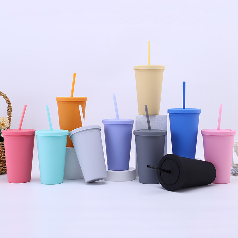 Custom Logo 16oz Candy-Colored Double-Layer Plastic Straw Cup Simple Frosted Design for Drinks New for Mugs Product
