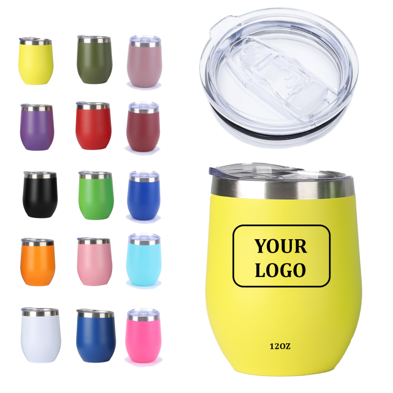 Eco-Friendly Custom 12 Oz Powder Coated Wine Tumbler 12oz Stainless Steel Coffee Mug with Sliding Lid and Straw