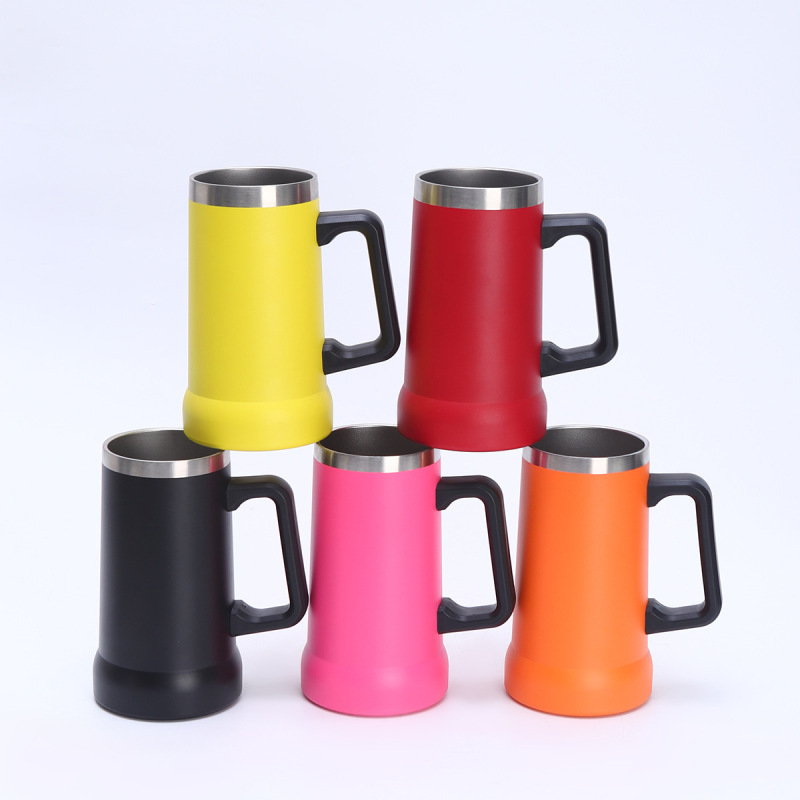 Custom Powder Coated Double Wall Stainless Steel Insulated Beer Tumbler with Handle Premium Mug