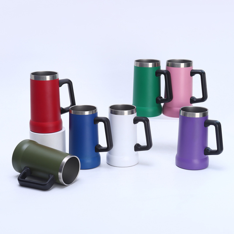Custom Powder Coated Double Wall Stainless Steel Insulated Beer Tumbler with Handle Premium Mug