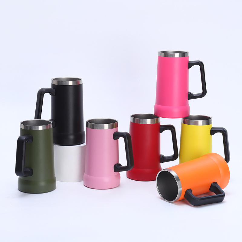 Custom Powder Coated Double Wall Stainless Steel Insulated Beer Tumbler with Handle Premium Mug