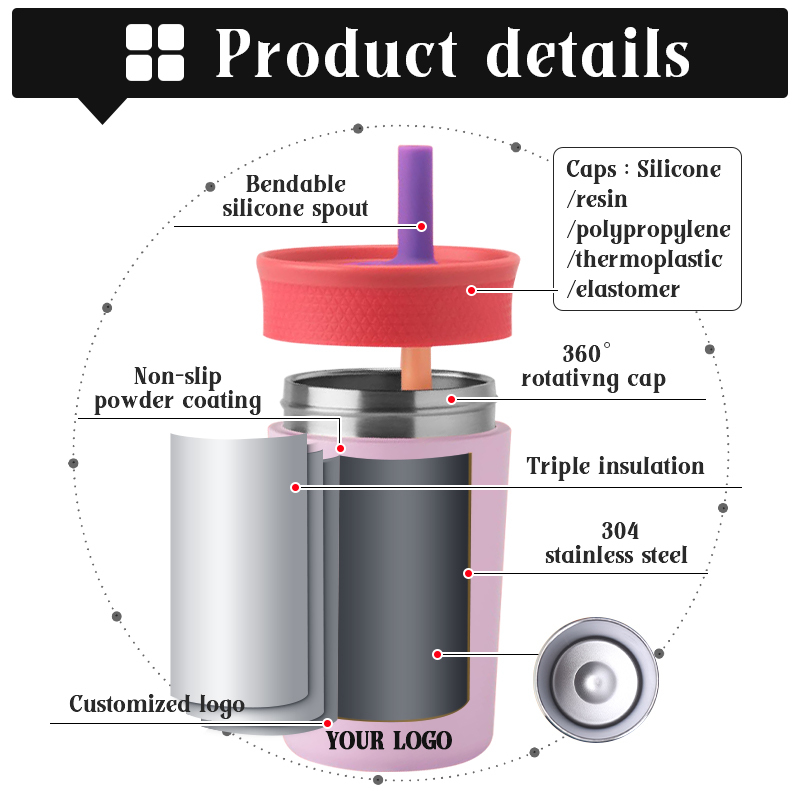 Custom logo Double Wall Vacuum Coffee Mug Stainless Steel Insulated 12oz Kids Tumbler with Straw
