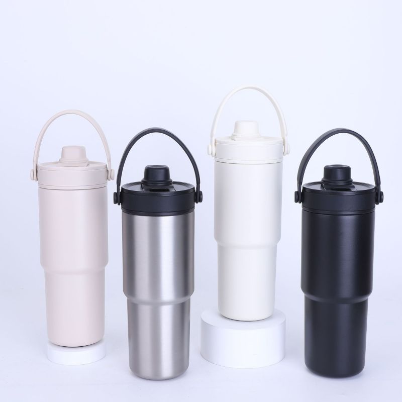 Borge Customized 24oz 316 Stainless Steel Vacuum Flask Thermos Striped Ceramic Liner Car Tea Coffee Cup With Straw