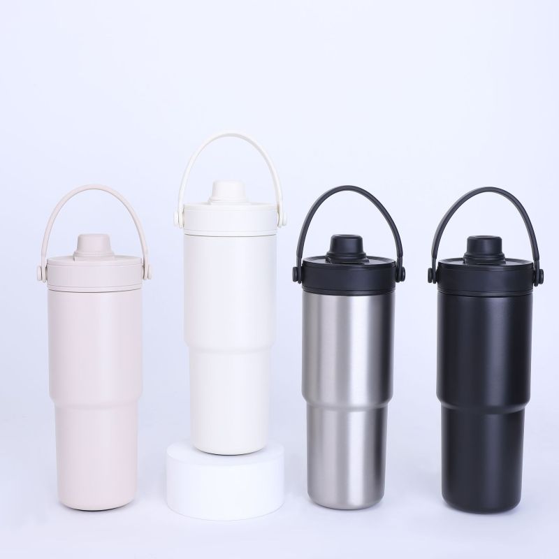 Borge Customized 24oz 316 Stainless Steel Vacuum Flask Thermos Striped Ceramic Liner Car Tea Coffee Cup With Straw