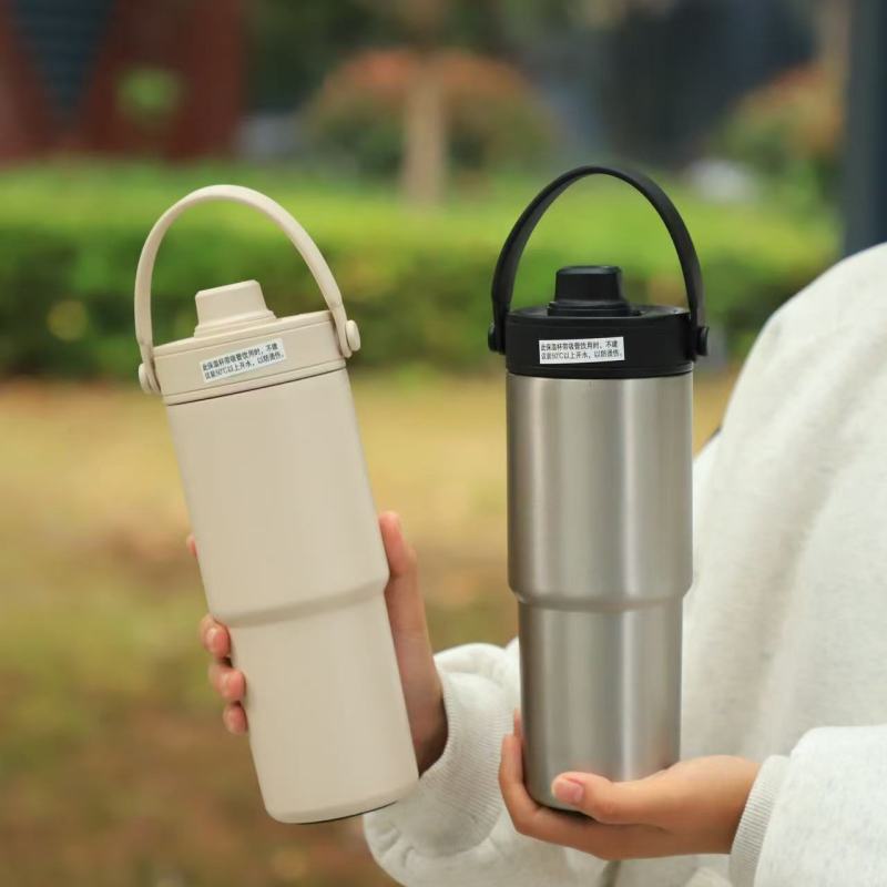 Borge Customized 24oz 316 Stainless Steel Vacuum Flask Thermos Striped Ceramic Liner Car Tea Coffee Cup With Straw