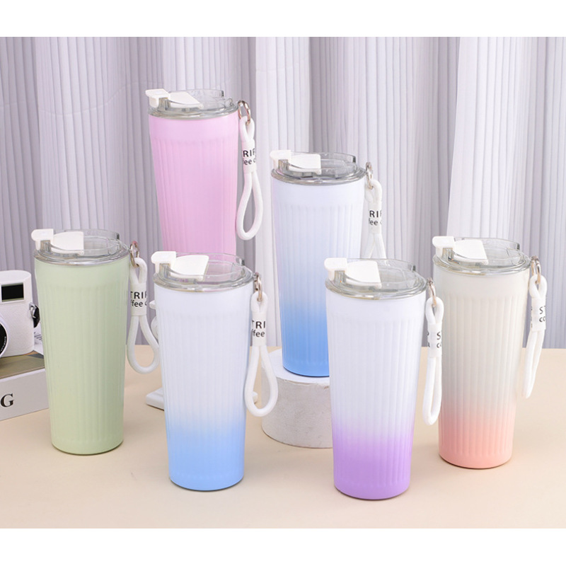 Fashionable 550ml Stainless Steel Tumbler Striped Rope Handles Portable Office Coffee Thermos Mug for Women Gift for Water