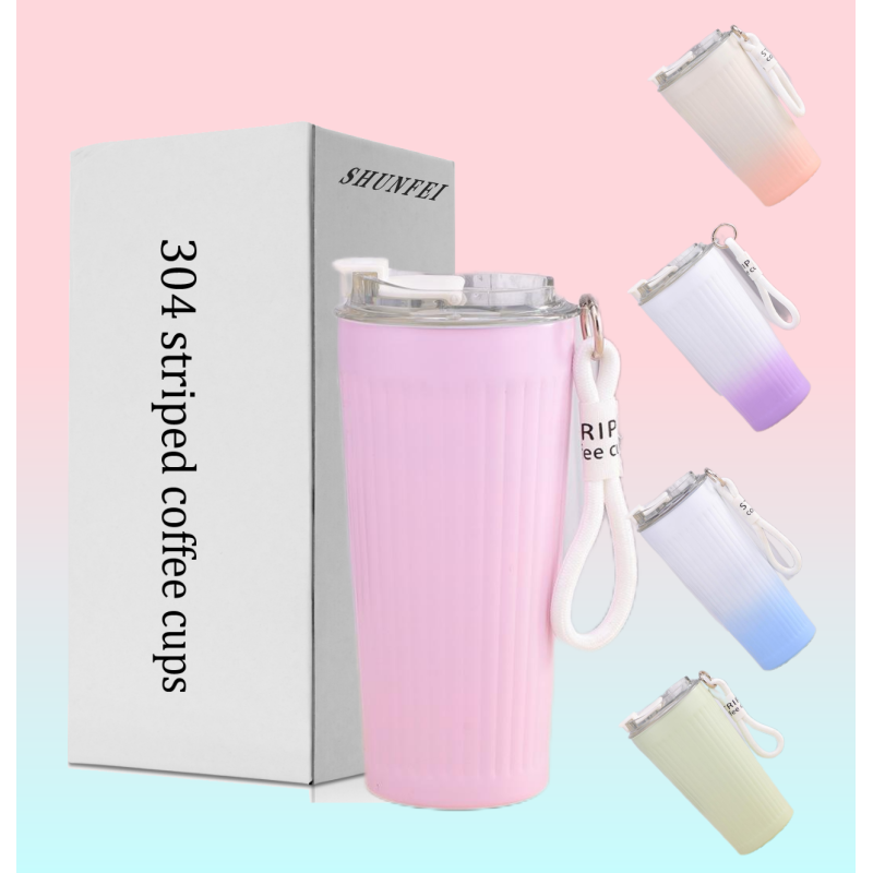 Fashionable 550ml Stainless Steel Tumbler Striped Rope Handles Portable Office Coffee Thermos Mug for Women Gift for Water