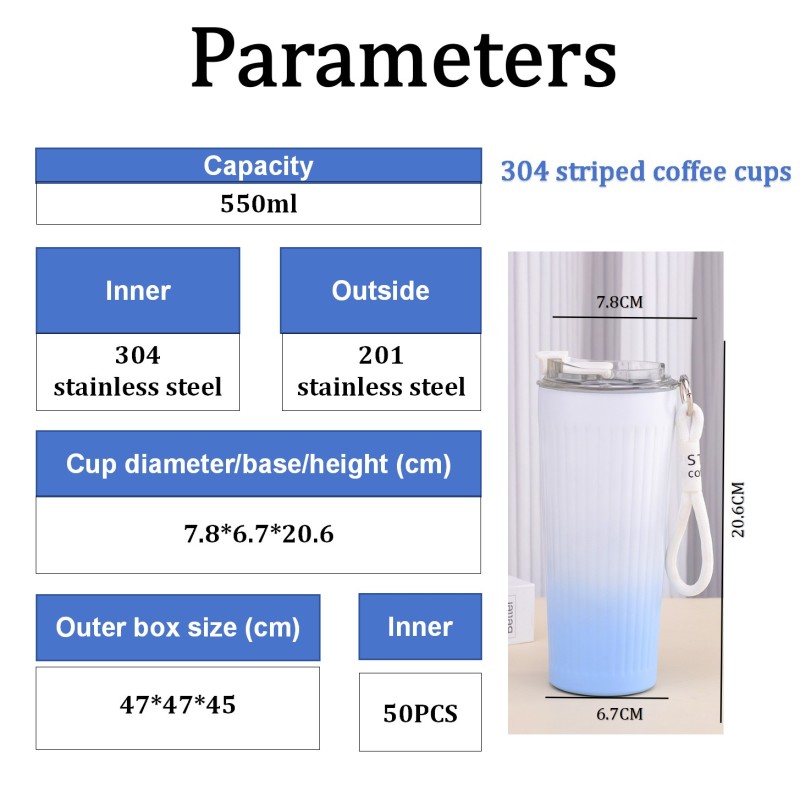 Fashionable 550ml Stainless Steel Tumbler Striped Rope Handles Portable Office Coffee Thermos Mug for Women Gift for Water