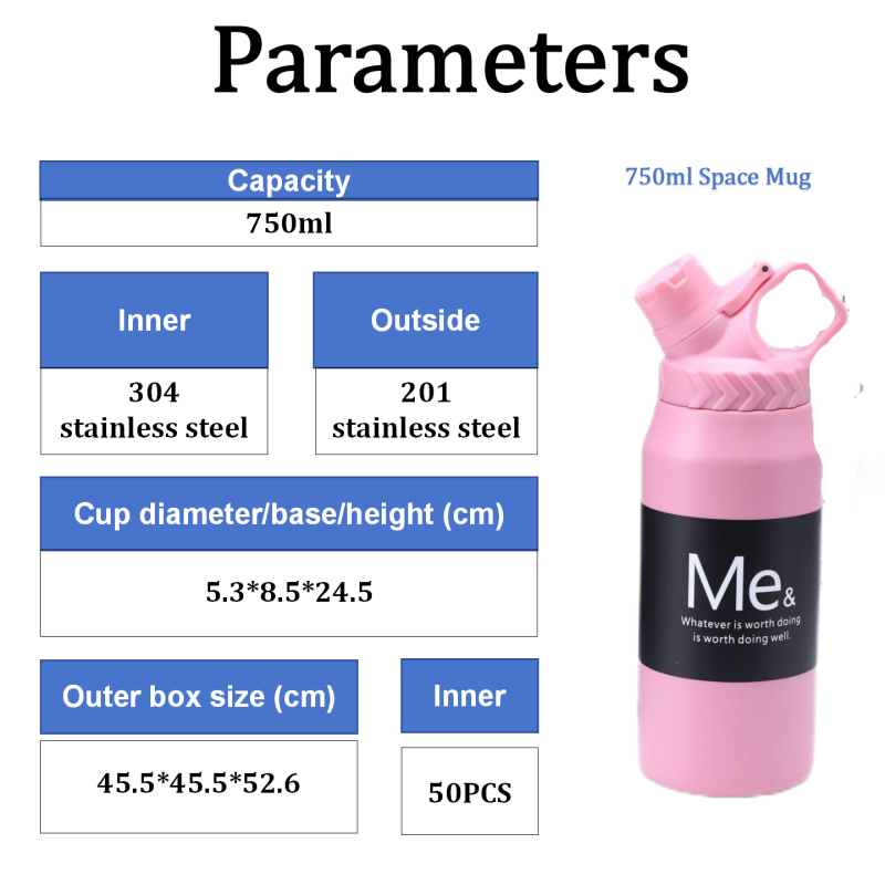 750ml Large Capacity Stainless Steel Vacuum Cup Portable Handle Sports Water Bottle for Gym Camping Direct Drinking Applicable