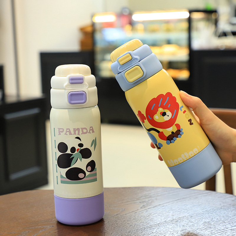 Cartoon Kids Leakproof Double Wall Vacuum Flasks 316 Stainless Steel Insulated Children Thermos Water Bottle with Straw