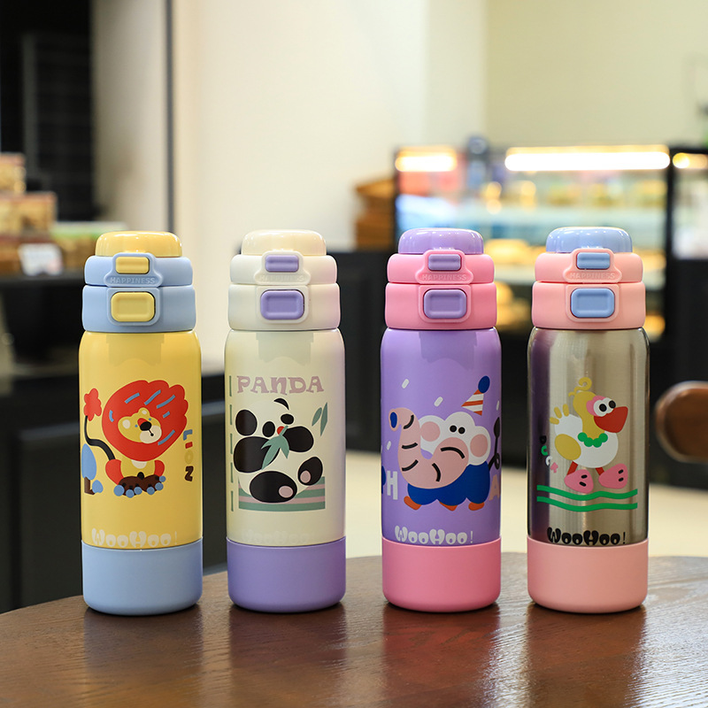 Cartoon Kids Leakproof Double Wall Vacuum Flasks 316 Stainless Steel Insulated Children Thermos Water Bottle with Straw