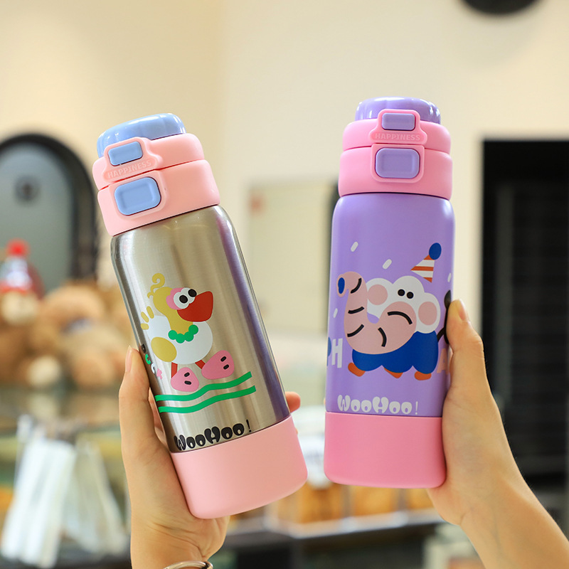 Cartoon Kids Leakproof Double Wall Vacuum Flasks 316 Stainless Steel Insulated Children Thermos Water Bottle with Straw