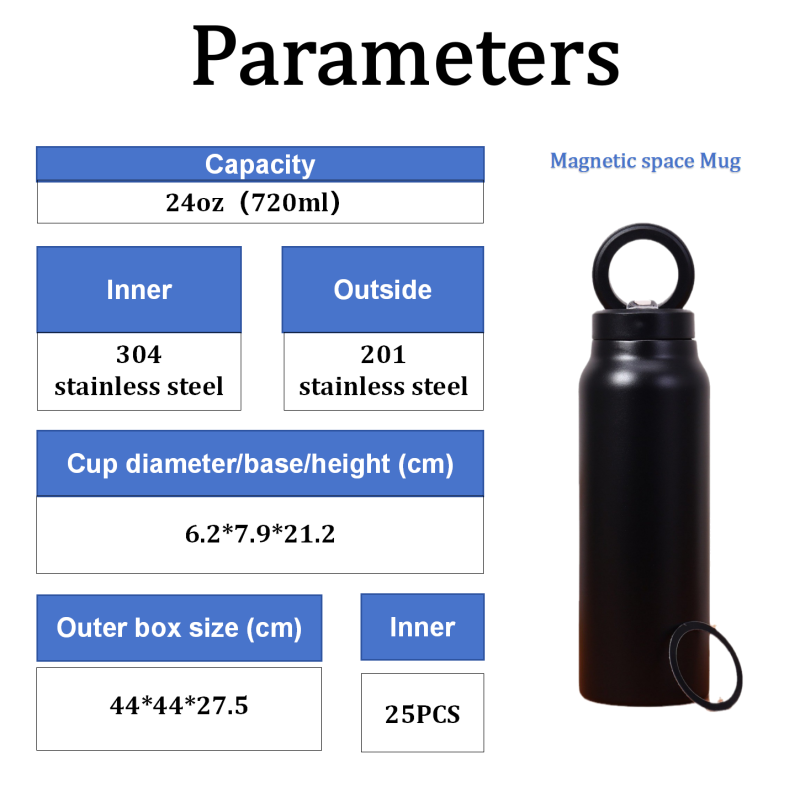 24oz Large Capacity Stainless Steel Insulated Space Mug Water Bottle with Magnetic Phone Mount for Boiling Water