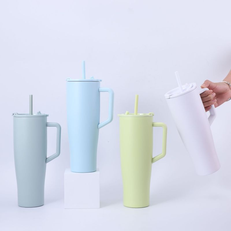 House of Quirk 40oz Stainless Steel Tumbler with Comfortable Handle and 2 Straw Flip Lid Large Water Bottle for Gifts