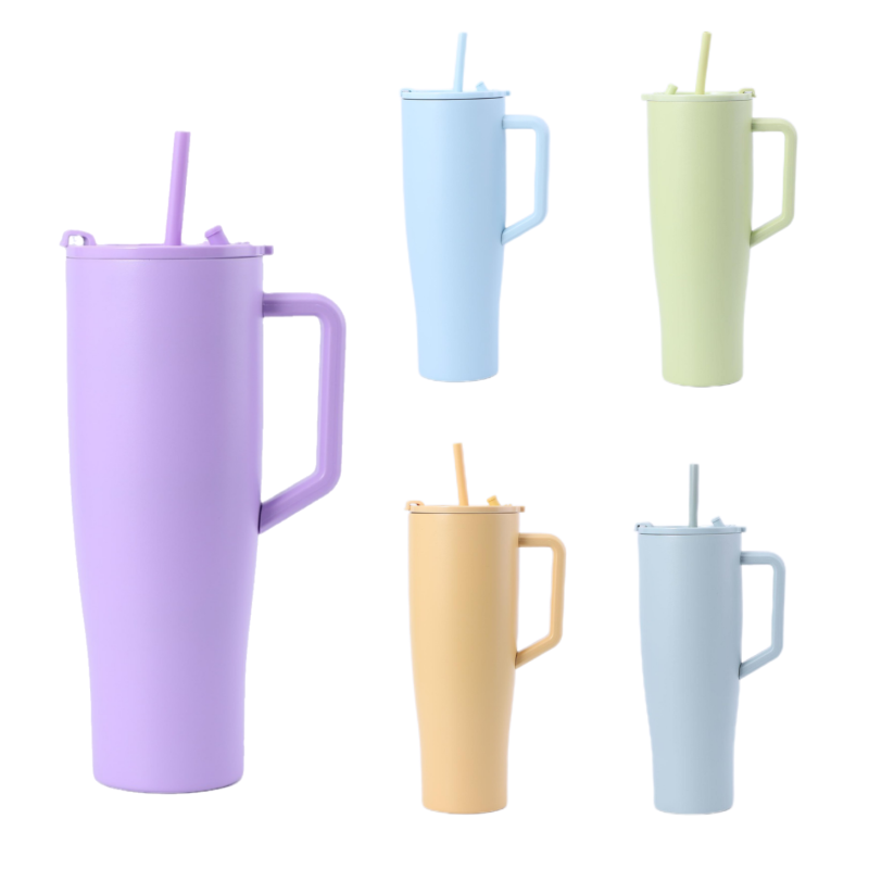 House of Quirk 40oz Stainless Steel Tumbler with Comfortable Handle and 2 Straw Flip Lid Large Water Bottle for Gifts