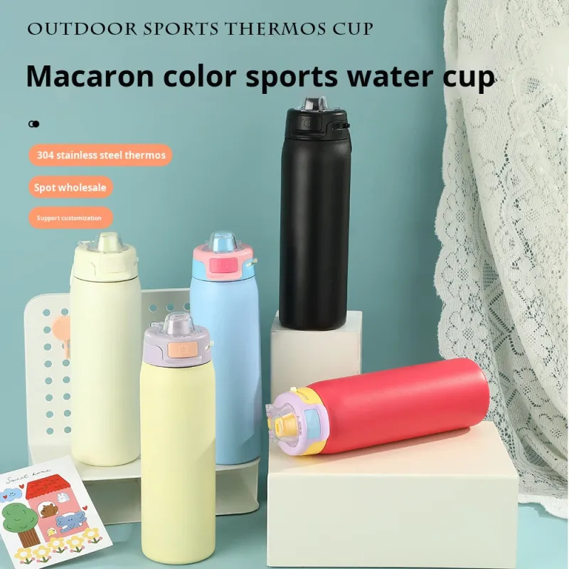 Custom Modern Stainless Steel Button Water Bottle with Straw 650ml Large Capacity Travel Vacuum Insulated Beverage Bottle