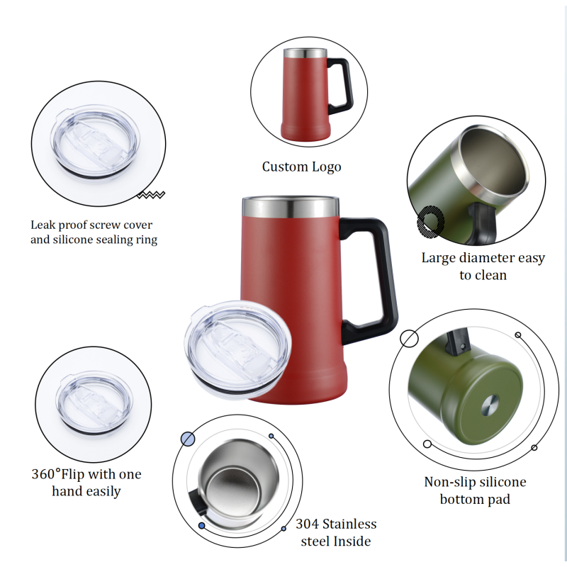 24oz Wide-Mouth Stainless Steel Beer Mug with Insulated Handle High Quality Large Capacity Factory Wholesale