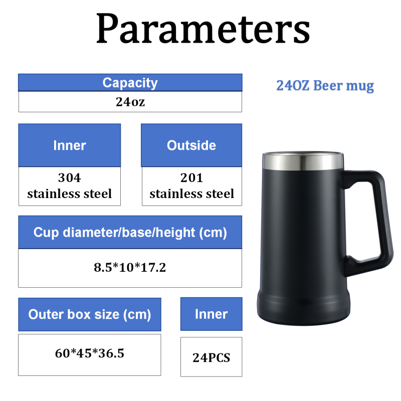 24oz Wide-Mouth Stainless Steel Beer Mug with Insulated Handle High Quality Large Capacity Factory Wholesale