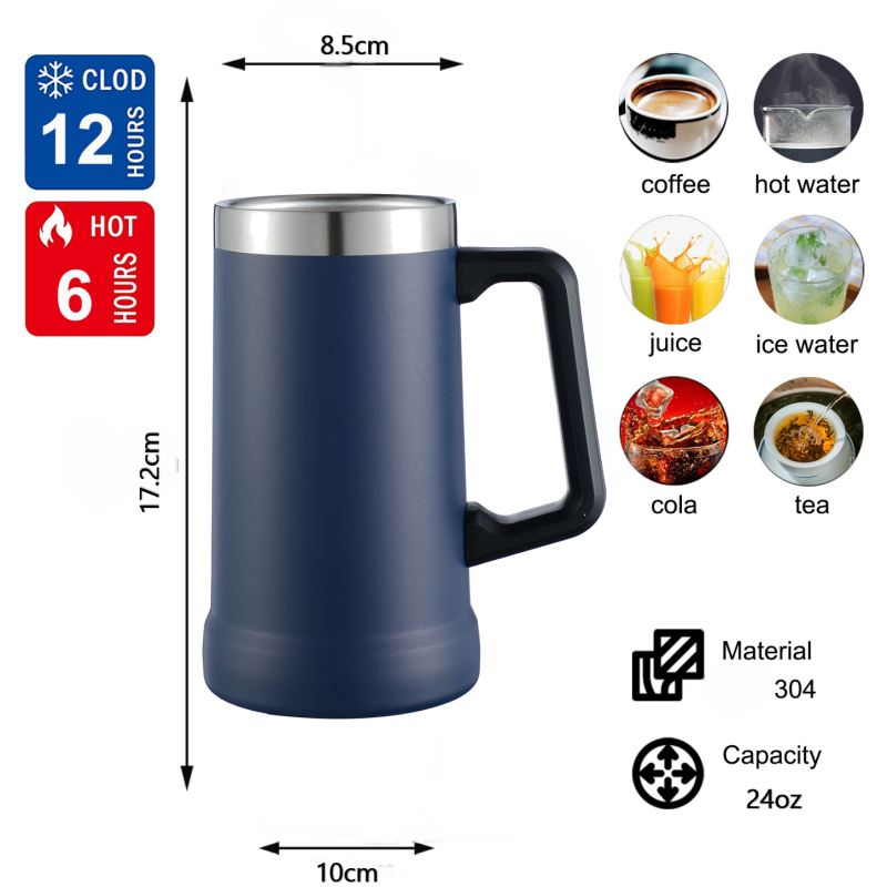 24oz Wide-Mouth Stainless Steel Beer Mug with Insulated Handle High Quality Large Capacity Factory Wholesale