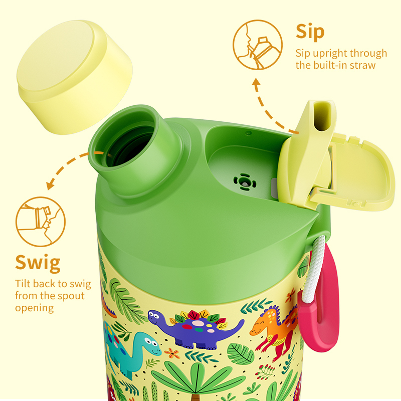 Custom Dinosaur 12oz Vacuum Insulated Kids Bottle 2-in-1 Lid