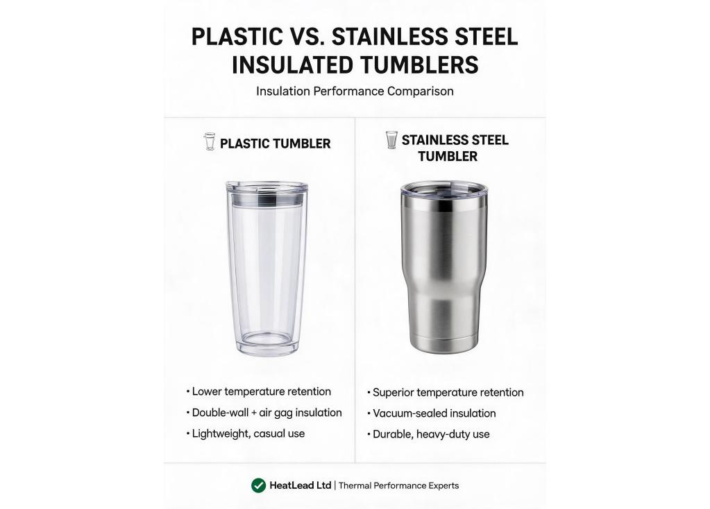 How does the insulation performance of plastic differ from stainless steel in insulated tumblers?