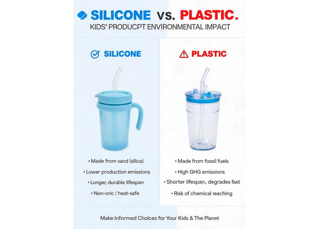 What are the environmental impacts of using silicone versus plastic in kids' product manufacturing?