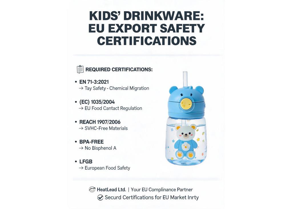 Which material safety certifications are required for exporting kid's drinkware to the European market?