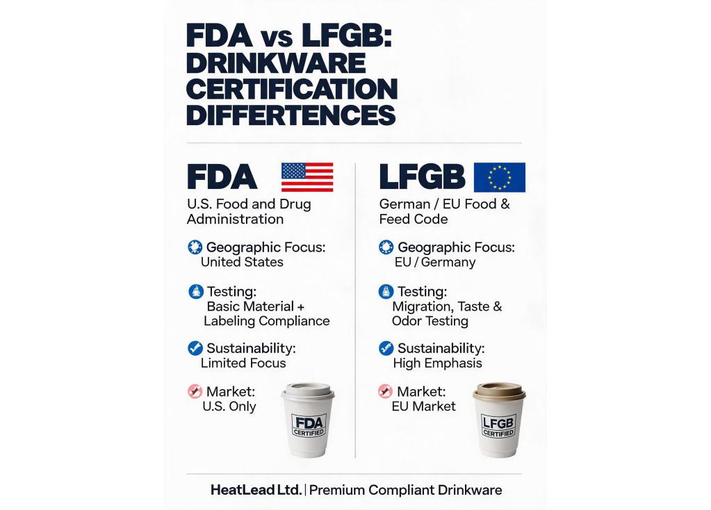 What are the key differences between FDA and LFGB certification for drinkware products?